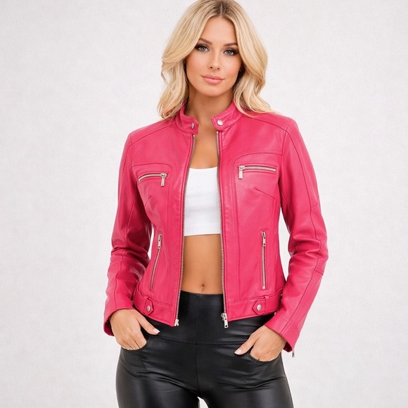 KHAVARA Jackets & Blazers - Khavara Pink Genuine Leather Moto Jacket Cropped Zip Biker Women’s Size Small